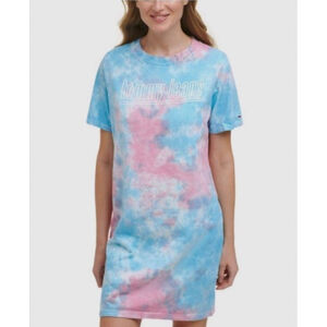 Tommy Hilfiger Jeans Blue & Pink Tie Dye Short Sleeve T-Shirt Dress Size Large
